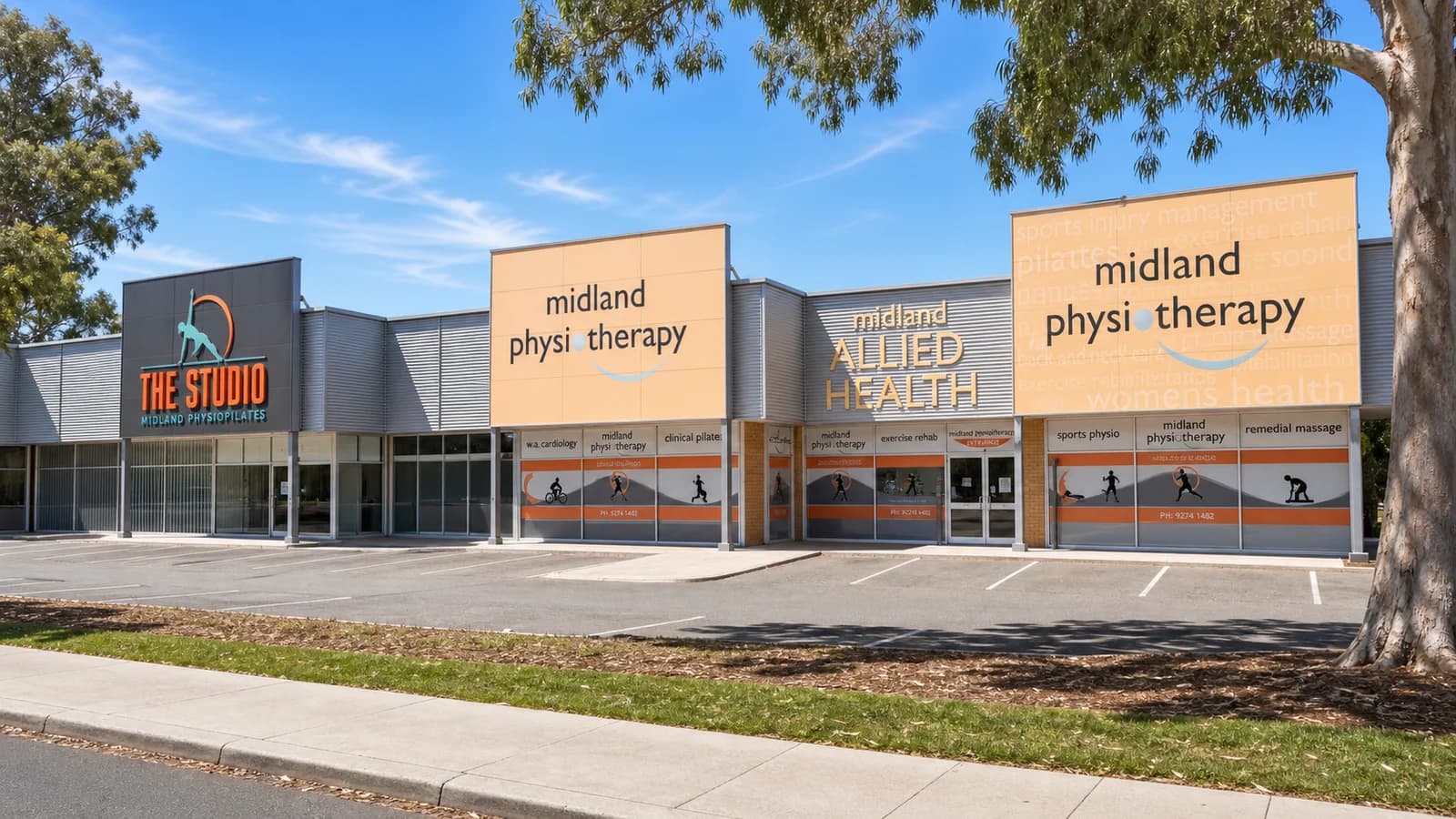 The exterior of Midland Physiotherapy Center, with its physiotherapy and allied health signage