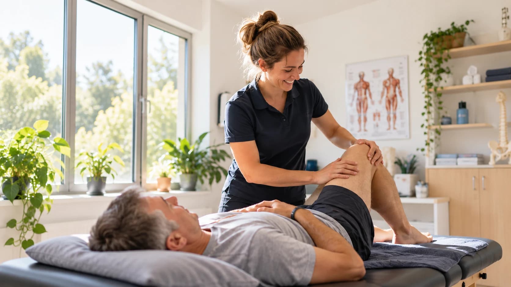 Physiotherapist assisting a patient with a knee movement in a bright clinic