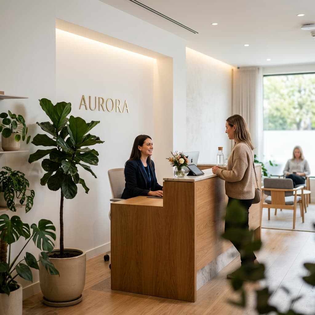A receptionist helping a patient at a light-filled clinic front desk