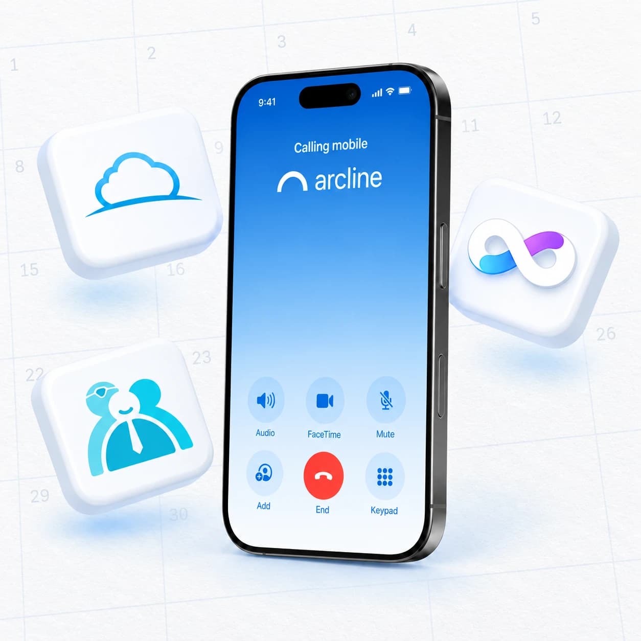 Arcline phone surrounded by PracSuite, Cliniko and Nookal integration tiles above a paper calendar