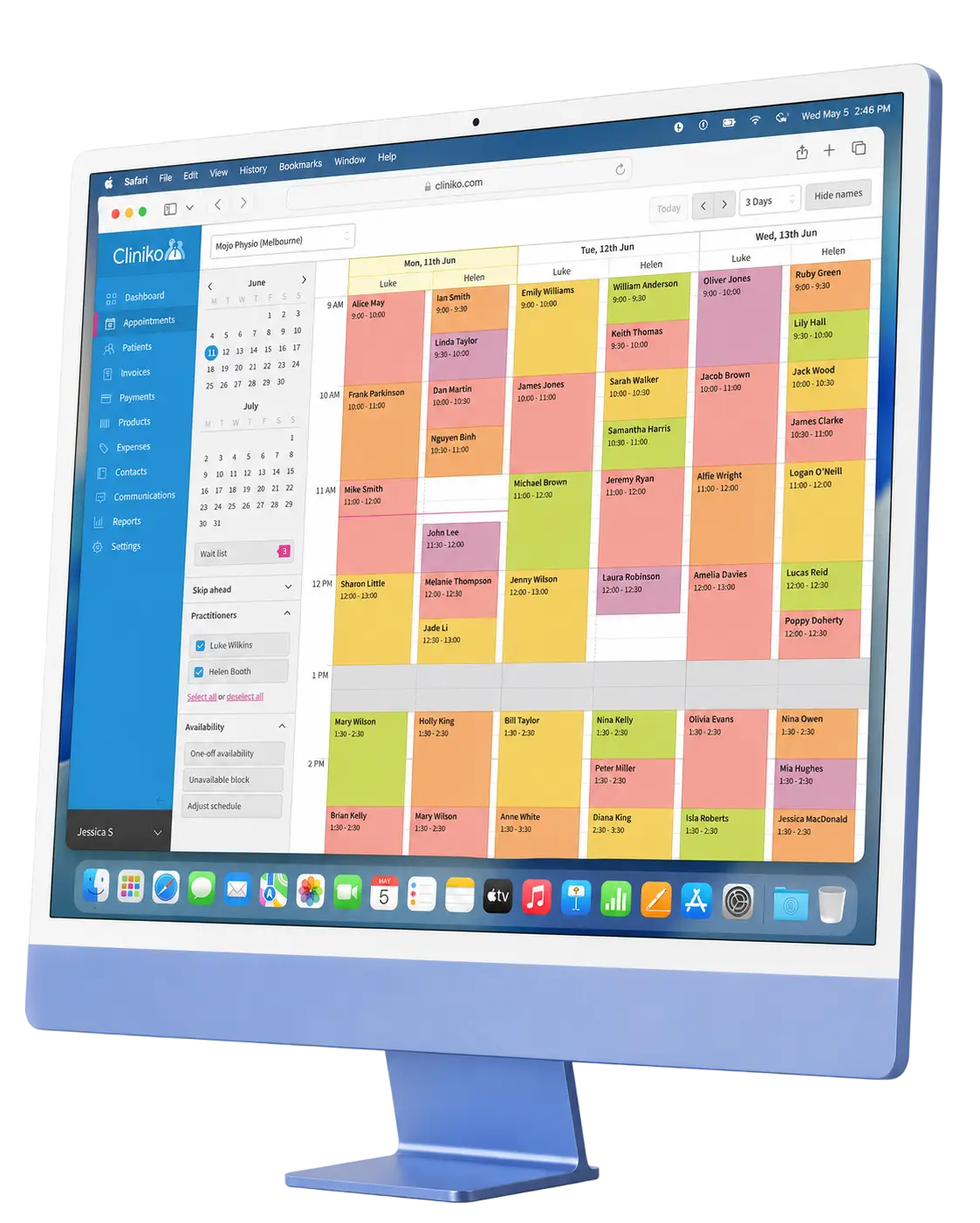 Arcline call history alongside the Cliniko appointment calendar