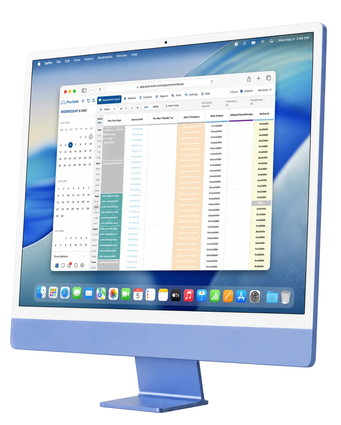 Arcline call history alongside the PracSuite appointment calendar
