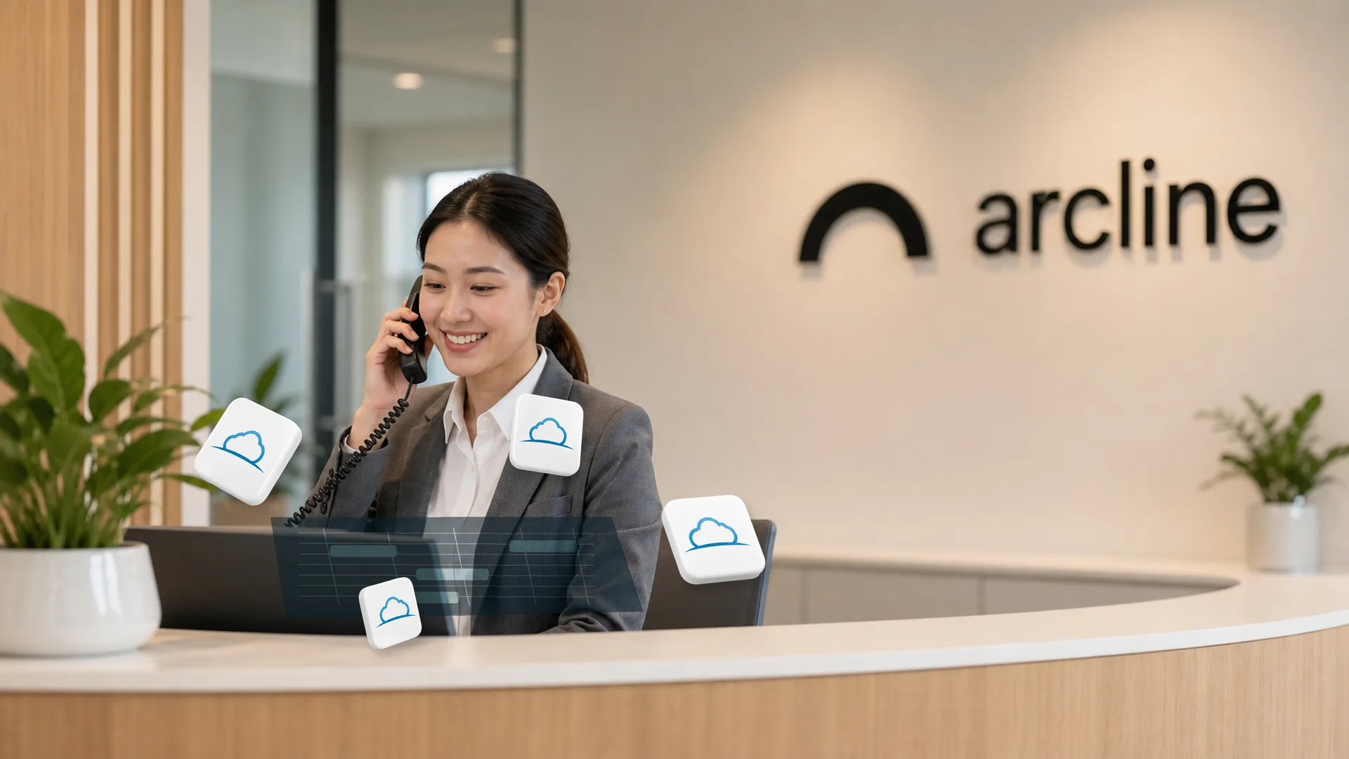The receptionist is using the ai receptionist software, Arcline that books appointments into Pracsuite