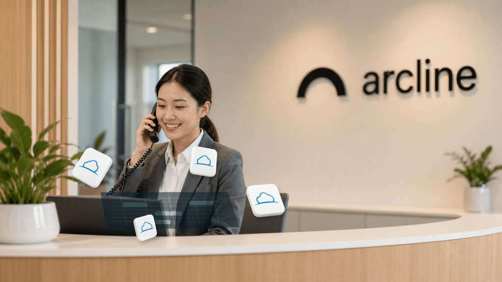 Receptionist answering calls at modern clinic front desk with Pracsuite integration